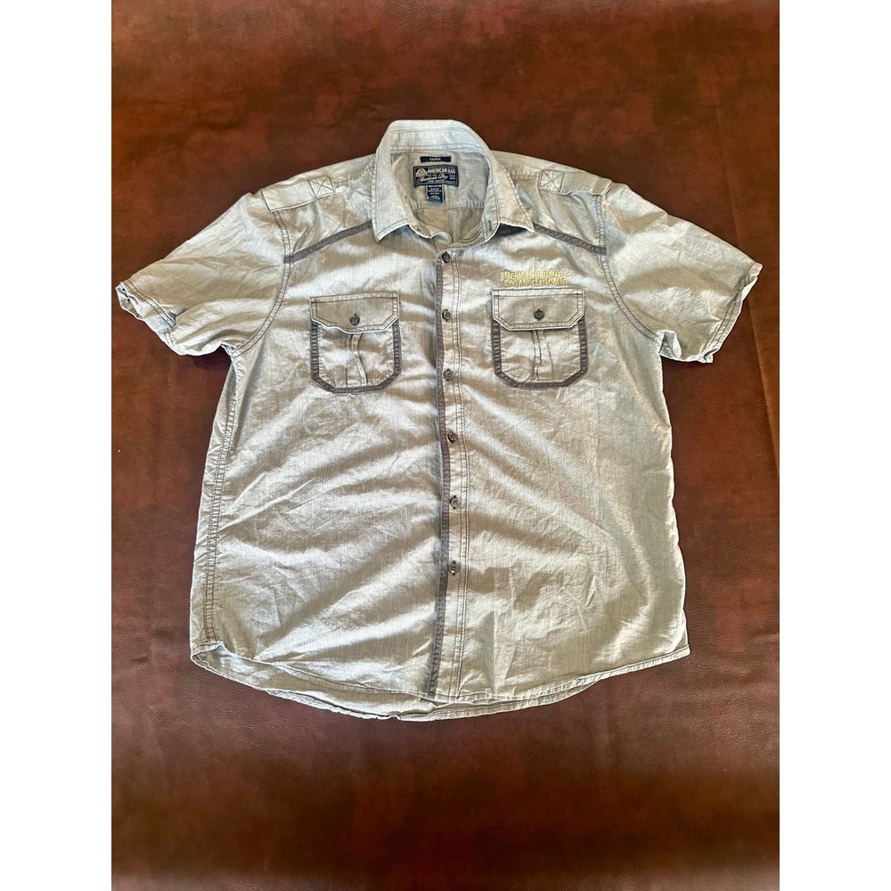 American Rag Mens Grey Pinstripe Short Sleeve Button Down Utility Shirt Large